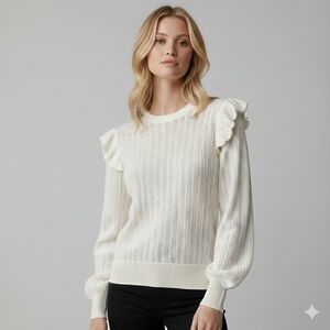 RW&CO. Ivory Pointelle Ruffle Shoulder Sweater Crew Neck Cream Knit Size Small